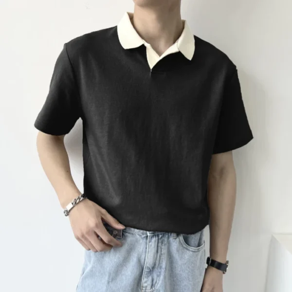 เสื้อยืดแขนสั้นเสื้อโปโลผู้ชายทรงหลวมๆแฟชั่นฤดูร้อน สีดำ