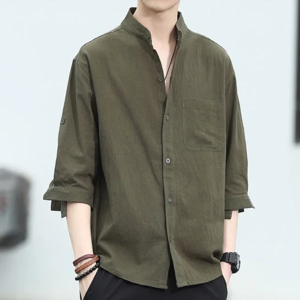 เสื้อเชิ้ตแขนสั้นลําลอง ผ้าลินิน ทรงหลวม สีเขียว