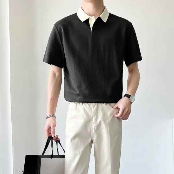 เสื้อยืดแขนสั้นเสื้อโปโลผู้ชายทรงหลวมๆแฟชั่นฤดูร้อน สีดำ - Image 3