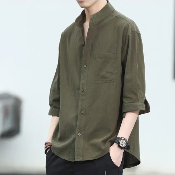 เสื้อเชิ้ตแขนสั้นลําลอง ผ้าลินิน ทรงหลวม สีเขียว - Image 3