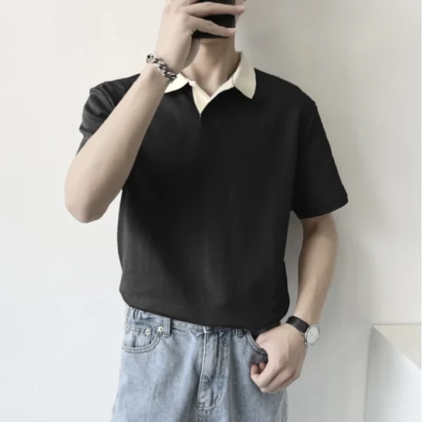 เสื้อยืดแขนสั้นเสื้อโปโลผู้ชายทรงหลวมๆแฟชั่นฤดูร้อน สีดำ - Image 4