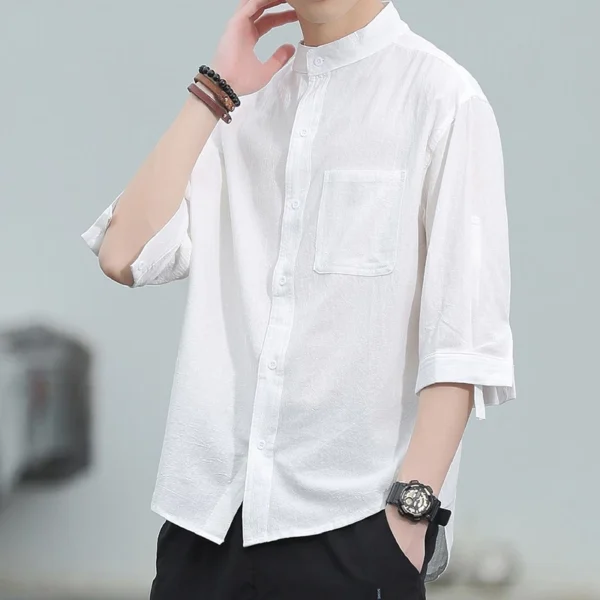 เสื้อเชิ้ตแขนสั้นลําลองผ้าลินิน ทรงหลวม สีขาว - Image 2