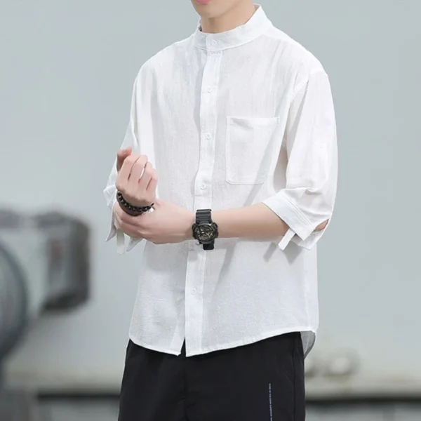 เสื้อเชิ้ตแขนสั้นลําลองผ้าลินิน ทรงหลวม สีขาว