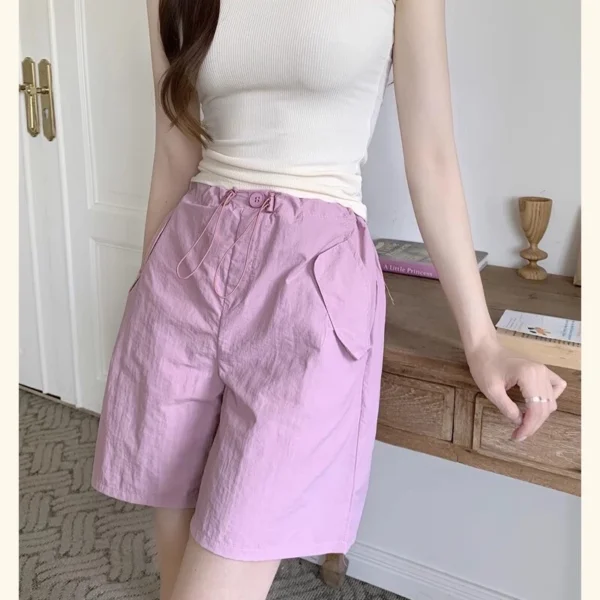 กางเกงขาสั้นเอวสูงสีดำสไตล์เกาหลีสำหรับผู้หญิง ผ้าร่ม สีชมพู
