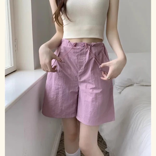กางเกงขาสั้นเอวสูงสีดำสไตล์เกาหลีสำหรับผู้หญิง ผ้าร่ม สีชมพู - Image 2